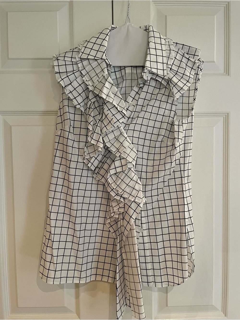 MONSE White and Black Grid Ruffle Sleeveless Blouse